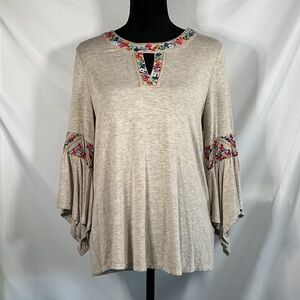 Democracy Beige Embroidered Keyhole Bell-Sleeve Tunic Size Medium